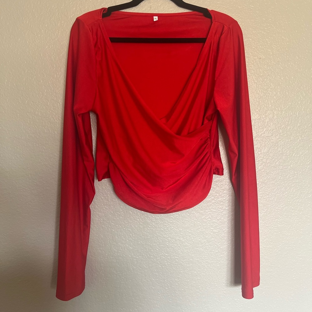 Red RUCHED  Wrap Front Long Sleeve  Top Size XL - Picture 3 of 9